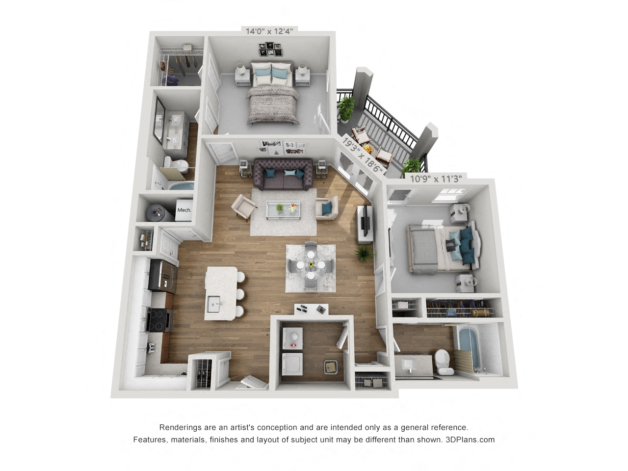 Floor plan for 2 beds, 2 baths, 1162 sqft